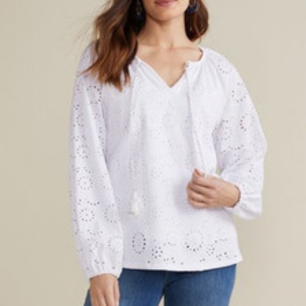 Soft Surroundings M White Tasseled Long Sleeve Rhiannon Eyelet Peasant Top NWOT